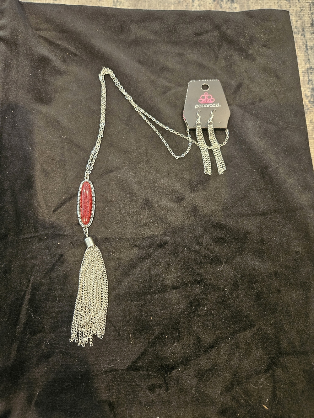 Paparazzi Silver Tassel Necklace with Red Stone
